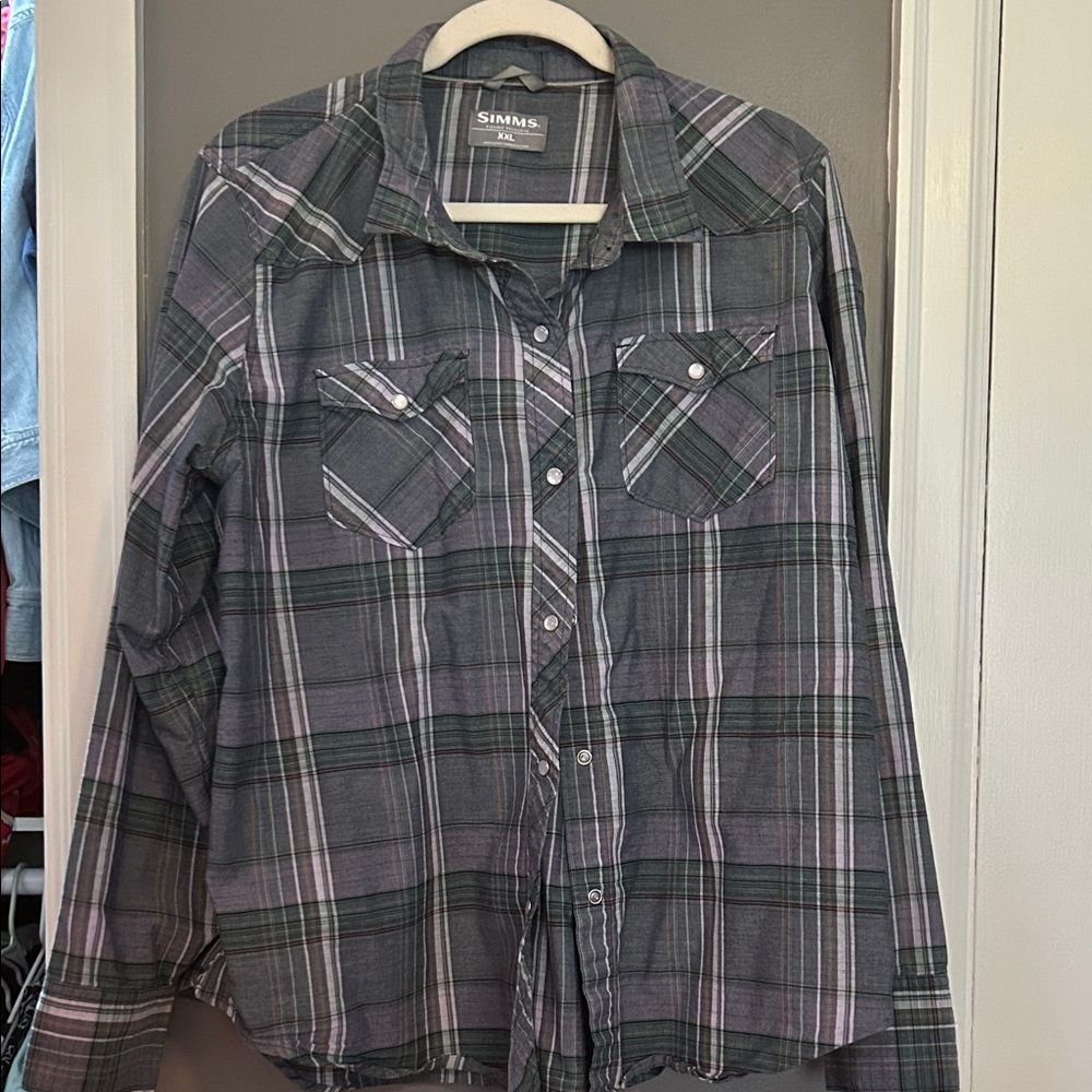 Simms Gray and Green Plaid Guide series Shirt